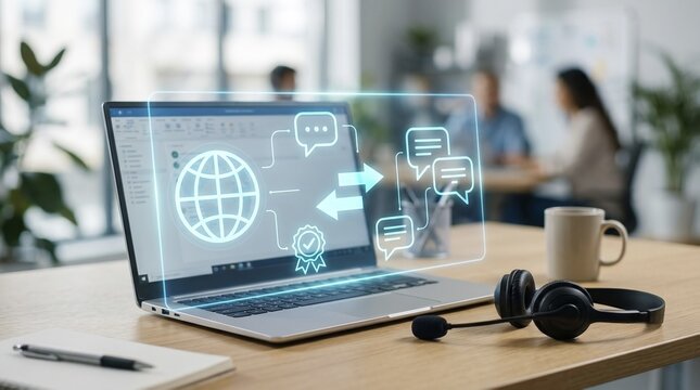 Multilingual Customer Support Interface With Globe Chat And Language Switching Icons