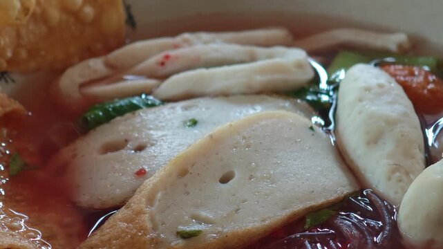 Fried Fish Strips and Fish Balls in Yentafo Soup
