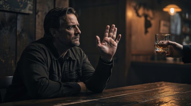 A man sitting at a rustic wooden bar refuses a drink offered by another person, his expression serious and resolute in a dimly lit setting.