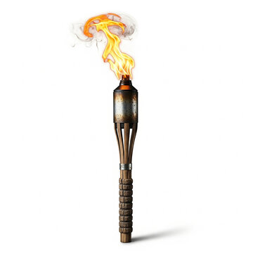 A rustic wooden torch with a burning flame and smoke, featuring a metal fuel canister, isolated on white background
