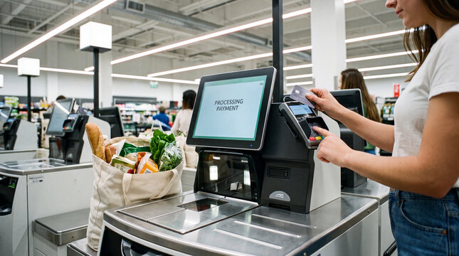 female holding card above payment terminal at selfservice checkout, individual completing transaction with reusable tote of groceries beside kiosk, female buyer at supermarket selfcheckout counter