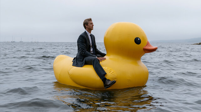 man in formal suit sitting calmly on inflatable duck at sea, quirky business humor and stress relief concept