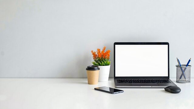 Modern minimalist workspace with laptop plant smartphone mouse and stationery on a clean white desk