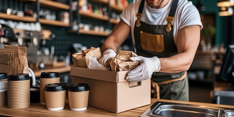 Obraz premium Cafe worker preparing takeaway order for customers