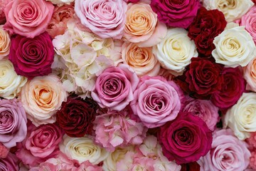 Fototapeta premium The Colorful Rose Bouquet: A Luxurious Floral Arrangement of Pink, Red, Peach Roses