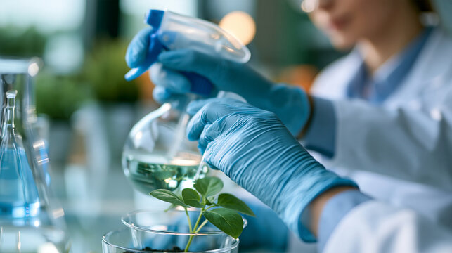 Close up of gloved hands of european lab technician spraying an eco-friendly solution onto a soil sample, bright modern laboratory background with potted plants, organic farming