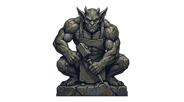 Stone gargoyle demon statue carving stone with hammer and chisel is perfect for Halloween graphics.