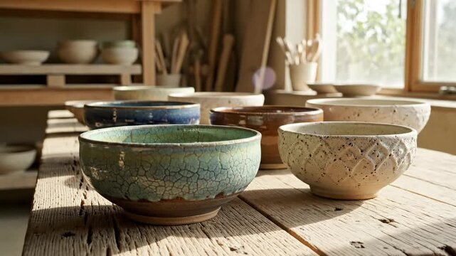 Handmade Ceramic Bowls in a Pottery Studio with Natural Lighting and Wooden Table Surface