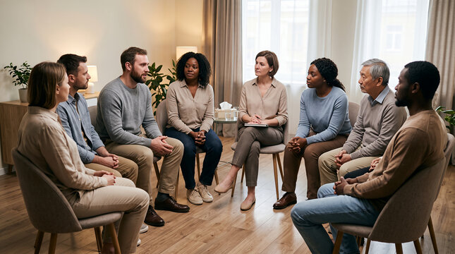Substance abuse group therapy circle, addiction recovery counseling and peer support meeting
