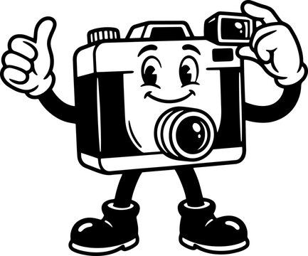 Happy cartoon camera character giving a thumbs up gesture in retro vintage style