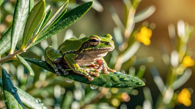 European Tree Frog Perched on Green Leaf Surrounded by Blossoms in Sunny Nature Scene