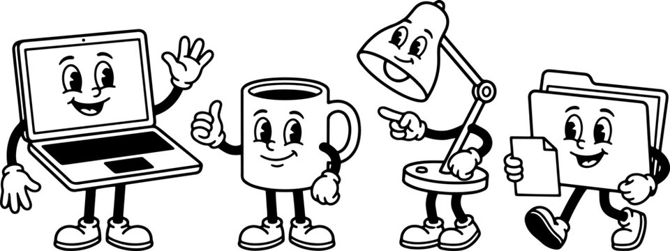 Cute office character set with laptop coffee mug desk lamp and file folder cartoon