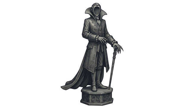 Vampire aristocrat statue with formal victorian coat and cane for gothic horror themed decoration.