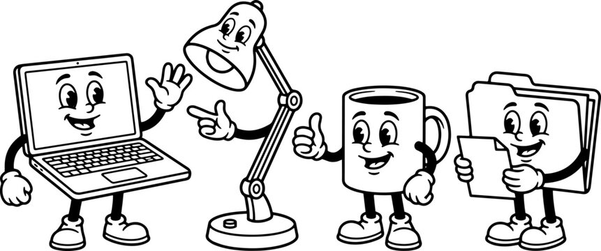 Cute cartoon office characters including a laptop lamp coffee mug and file folder