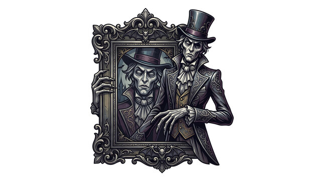 Vampire gentleman in top hat looking into ornate mirror for dark gothic horror concept illustration.