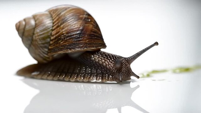 Close-up of a snail moving slowly on a white reflective surface, emphasizing its texture and graceful movement