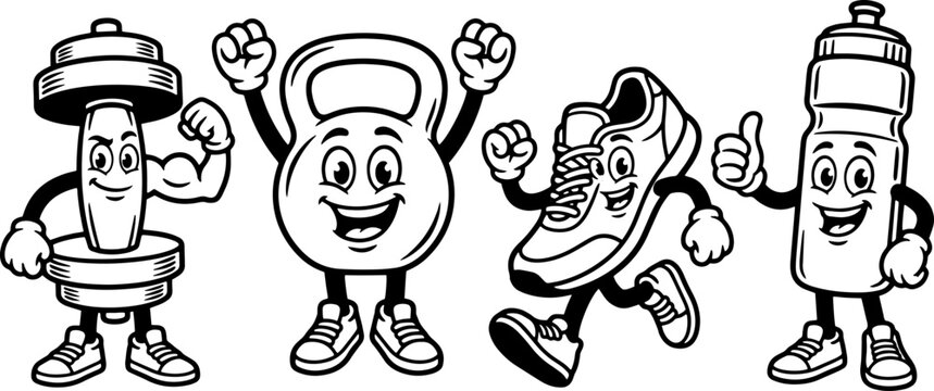 Cute fitness mascot characters set with dumbbell kettlebell shoe and water bottle