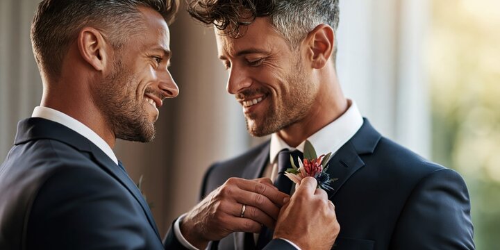 Joyful grooms sharing an intimate prewedding embrace