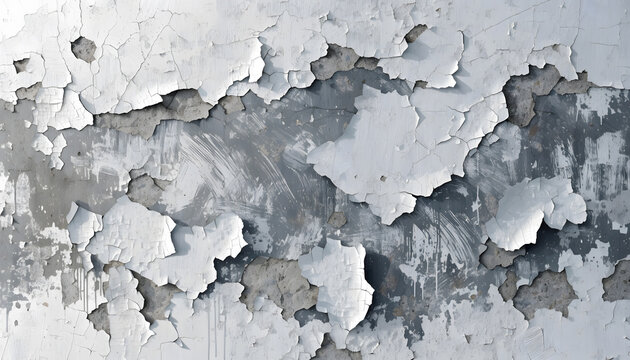 Peeling white paint over grey concrete wall. Distressed surface renovation and building decay. Chipped plaster flaking off weathered cement surface