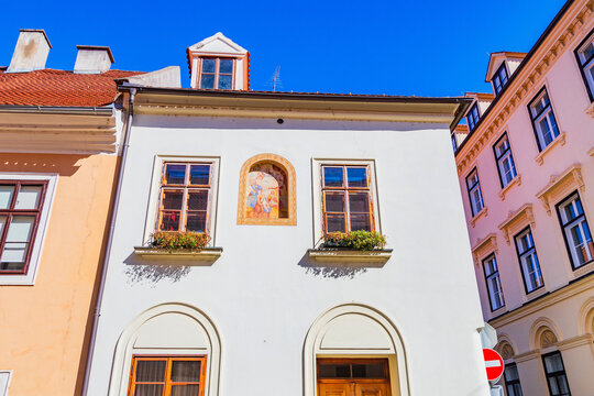 Old baroque buildings on street on Upper town in Zagreb, Croatia 