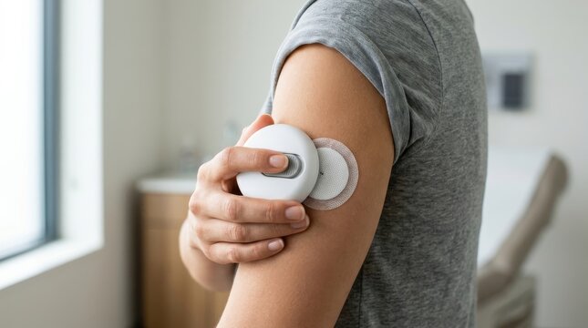 Patient applying a continuous glucose monitor sensor to their arm for diabetes management in a clinic