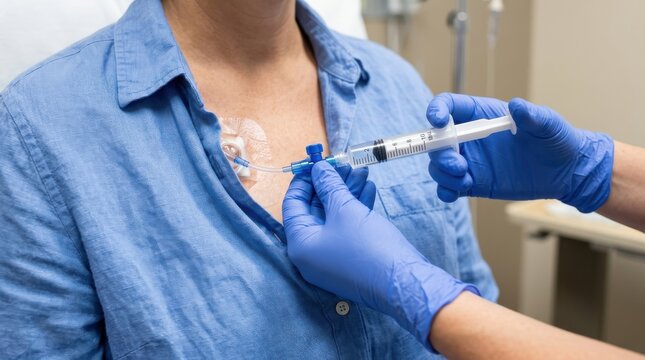 Medical professional flushing a chest port catheter with saline solution using a syringe for a patient