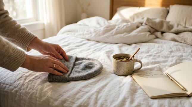 Cozy morning routine in bed with a warm drink, a book, and a knitted hat in soft sunlight