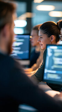 Over the shoulder view of a diverse group of developers collaborating on code together, bright modern office background with multiple monitors, software development, coding