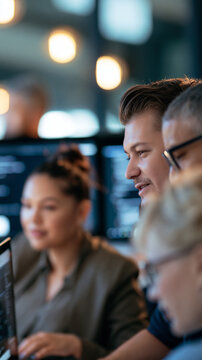 Over the shoulder view of a diverse group of developers collaborating on code together, bright modern office background with multiple monitors, software development, coding