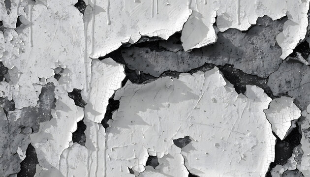 Black and white peeling paint on cracked wall surface. Monochrome distressed grunge and decay background. Weathered coating flaking off rough concrete facade