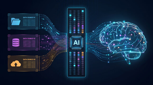 Artificial Intelligence Machine Learning Architecture Connecting Data Sources to Neural Brain for Intelligent Analysis