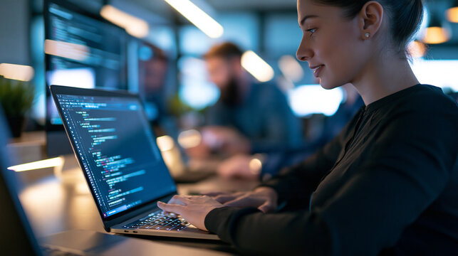 Over the shoulder view of confident software engineer writing code on a laptop while discussing the project with a colleague, bright modern office background with a shared desk,