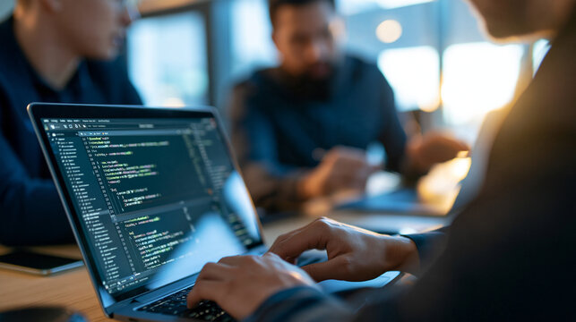 Over the shoulder view of confident software engineer writing code on a laptop while discussing the project with a colleague, bright modern office background with a shared desk,