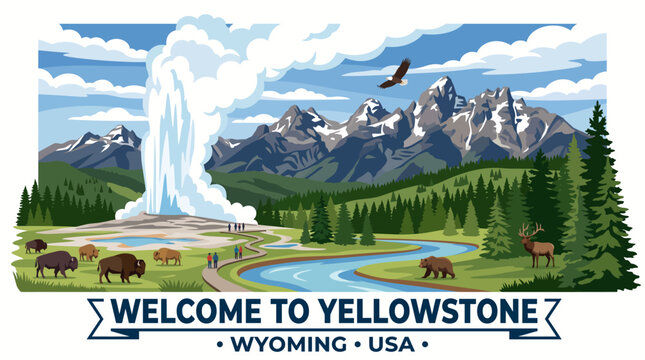 Very beautiful realistic vector of Yellowstone National Park featuring a geyser, mountains, pine trees, wildlife, and WELCOME TO YELLOWSTONE &bull; WYOMING &bull; USA, isolated on white background, no gradients