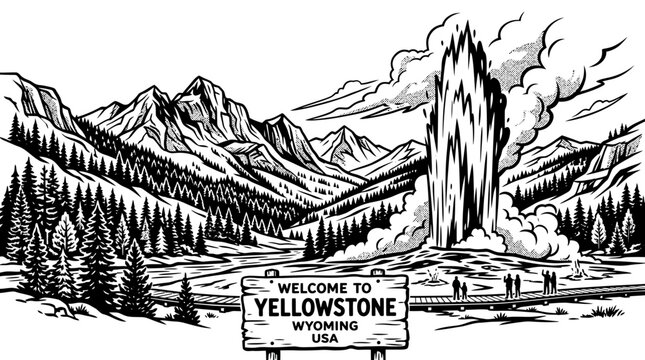 Very beautiful black and white vector of Yellowstone featuring an iconic geyser, mountain peaks, pine trees, and WELCOME TO YELLOWSTONE &bull; WYOMING &bull; USA, isolated on white background, no gradients.