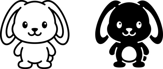 Fototapeta premium Cute cartoon rabbit bunny character in outline and solid black silhouette styles