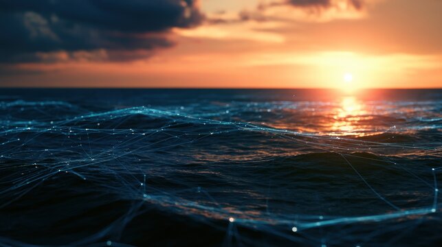 Digital network overlay on ocean waves at sunset technology concept