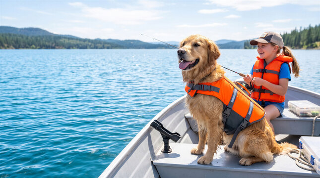 Girl and golden retriever wearing life jackets on a boat in summer  