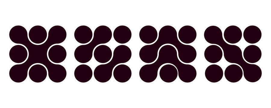 Set of four dark maroon metaball grid icons showing merging circle clusters in varied square arrangements, ideal for tech logos and modern app icon design