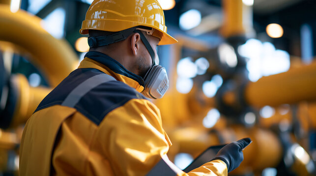 Rear view of european safety engineer in protective yellow suit, hard hat and gas mask checking industrial pipes, bright factory background with pipeline system, industrial safety