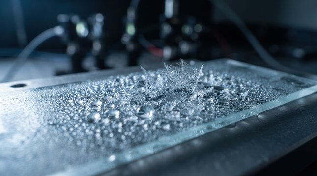 Supercooled droplets on a glass slide with sharp ice lattice edges and a blurred laser alignment rig in a cold laboratory setup.