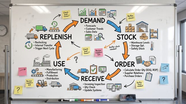 Supply chain management process flowchart drawn on large white board illustrating demand stock order receive use replenish cycle for industrial operations.