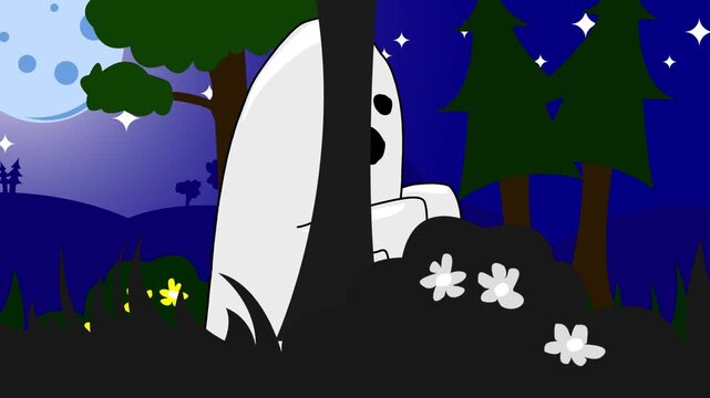 motion halloween ghost walk between trees at midnight vector animation