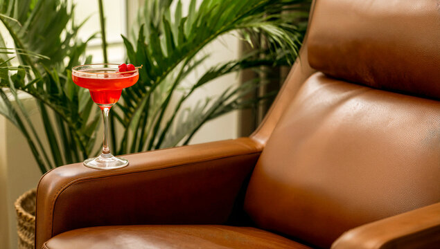 Cosmopolitan cocktail at modern, stylish interior. Vodka IBA drink standing on leather armchair on concrete wall background. Classic alcoholic beverage at the sunny bar in sunlight. Space for design