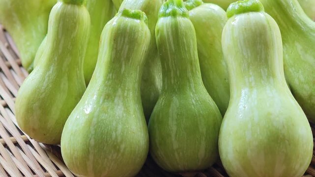 Zucchini vertically arranged in bamboo basket