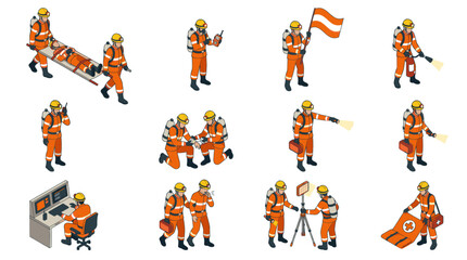 Fototapeta premium Corporate Set of Emergency Rescue Workers in High Visibility Orange Uniforms Performing Various Safety Tasks