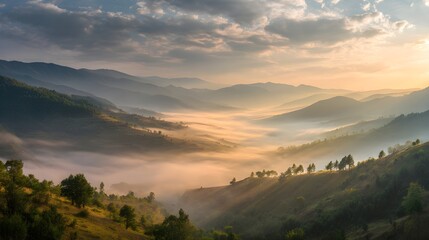 Obraz premium Panoramic view of a mountain valley with mist