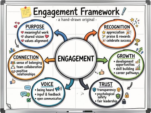 Engagement framework mind map diagram on whiteboard with colorful icons showing corporate growth purpose trust voice connection and team success strategy.