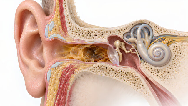 Ear canal earwax impaction medical 3D cutaway illustration showing impacted cerumen, eardrum and inner ear anatomy for healthcare education, otolaryngology, radiology and patient education
