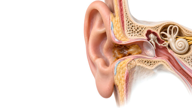 Ear canal earwax impaction medical 3D cutaway illustration showing impacted cerumen, eardrum and inner ear anatomy for healthcare education, otolaryngology, radiology and patient education